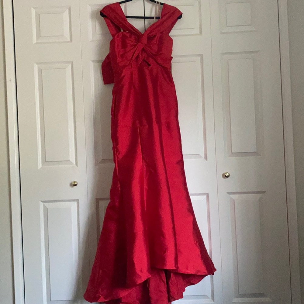 Fame and partners red evening gown with giant bow